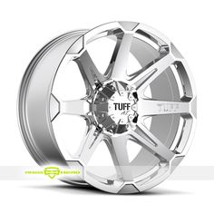 a chrome wheel on a white background with the words tuff written in black and green