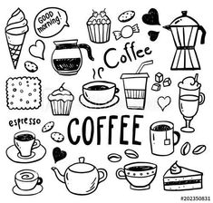 hand drawn coffee and desserts set on white background stock photo - 957982