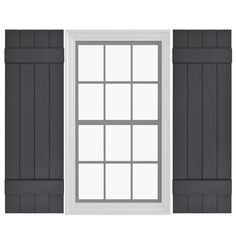 an open window with black shutters and white trim on the outside wall, in front of a white background