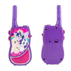 two children's walkie talkies are shown in purple and pink colors, one is