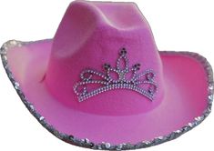 Pink Cowgirl Hat With Tiara - It Lights Up! - Cowgirl Clutch Handmade Pink Costume Hat, Whimsical Pink Mini Cap Hats, Cute Pink Costume Hats And Headpieces, Pink Western Style Cap, Western Style Pink Cap, Pink Western Cap Hat, Handmade Pink Mini Hat, Pink Felt Hat With Curved Brim For Country Events, Pink Curved Brim Felt Hat For Country Events