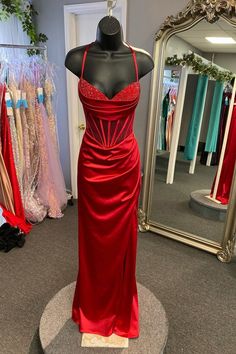 2023 spaghetti straps red satin mermaid long prom dress with slit #promdresses #prom2024 Burnt Orange Prom Dress, Short Princess Dress, Orange Spaghetti, Beaded Corset, Dream Prom Dress, Beaded Formal Dress, Ruffle Prom Dress, Red Dress Long, Long Formal Dress