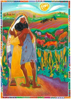 a painting of two people embracing each other in front of a field and sun above them