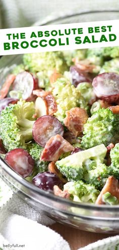 broccoli salad with bacon and grapes in a glass bowl