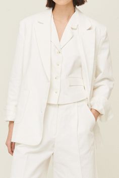 Rebecca Classic Blazer Front button closure 3-pocket style Full lined * Product Specification 100% Cotton * Flat Measurement: S/M: Shoulder: 41cm (16.1in) / Bust: 48.5cm (19.1in) / Sleeve: 58cm (22.8in) / Armhole: 22cm (8.7in) / Length: 69.5cm (27.4in) / M/L: Shoulder: 42cm (16.5in) / Bust: 51cm (20in) / Sleeve: 59cm (23.2in) / Armhole: 24cm (9.4in) / Length: 70cm (27.5in) / * Professional Clean Only / Do Not Tumble Dry Model's height is 5′ 7″ (176cm) Bust 31in Waist 23in Hip 34in and wearing S/ White Blazer With Suit Collar And Pockets, Classic Blazer With Buttoned Pockets And Relaxed Fit, Linen Blazer With Pockets And Flat Front, Summer Outerwear With Suit Collar And Pockets, Classic White Blazer With Pockets, Classic Collared Blazer With Buttoned Pockets, White Blazer With Buttoned Pockets For Spring, Classic Summer Outerwear With Lapel Collar, White Outerwear With Suit Collar And Pockets