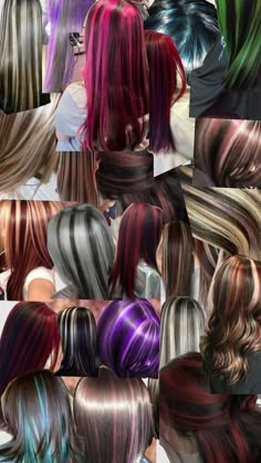 Cool Fun Hair Colors, Early 2000s Hair Dye, Colorful Skunk Stripe Hair, Skunk Hairlights, Emo Dyed Hair Ideas, Zebra Hair Dye, Black Hair W Red Underneath, Skunk Hair Styles, K Pop Hair Dye Ideas