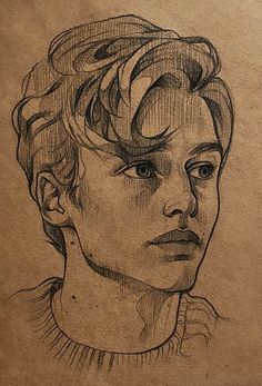 a drawing of a boy with curly hair and blue eyes, looking to the side