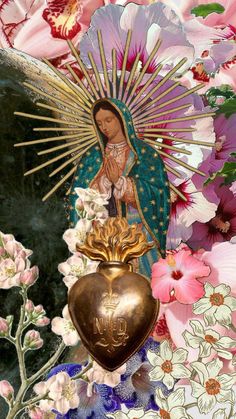 an image of the virgin mary holding a heart surrounded by pink and white flowers in front of a black background