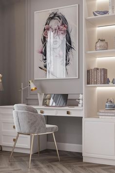 a white desk and chair in a room