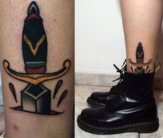 two tattoos on the legs of people who are both wearing boots and one has a tattoo