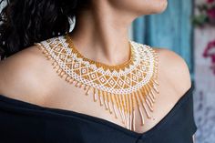 Traditional geometric design, approximately 45 cm long 6 cm wide and its 13 cm in its widest area (including the fringe). Elegant Fringe Necklace For Festival, Geometric Star, Matching Bracelets, Seed Bead Jewelry, Red And Gold, Star Necklace, Chain Styles, Geometric Design, Antique Gold