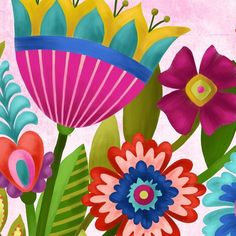 a painting of colorful flowers on a pink background