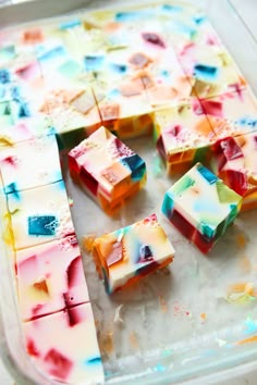 colorful jello squares with text overlay that reads broken glass jello squares