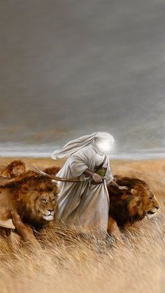 a painting of jesus walking with two lions in the grass and one is holding a staff