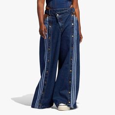 Adidas Originals Women's Ivy Park Denim Wide Leg Snap Pant H61716 There Is Only 1 Size Large Left Denim Diy Clothes, Black Flared Leggings, Cargo Pants Streetwear, Snap Pants, White Pants Women, Denim Wide Leg, Denim Projects, Tracksuit Pants, Adidas Originals Women