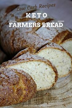 low carb keto farmer's bread on a cutting board with text overlay that reads low carb recipes keto farmers bread