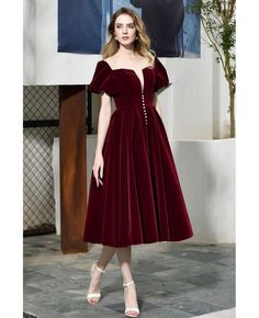 Buy Retro Velvet Tea Length Party Dress Burgundy With Bubble Sleeves at wholesale price online. High quality custom-made service pro since 2009. Velvet Homecoming Dress, Short Sleeve Prom Dresses, Tea Length Prom Dress, Velvet Prom Dress, Vintage Party Dresses, Affordable Prom Dresses, Vintage Prom, Burgundy Prom Dress, Unique Prom Dresses