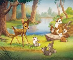 a painting of some animals in the woods