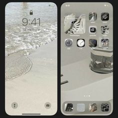 two iphone screens showing the same image as they appear in different pictures, one with an ocean view and another with beach scenes