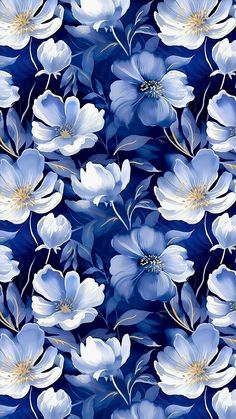 blue and white flowers on a dark blue background with gold foiling in the center