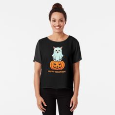 Get my art printed on awesome products. Support me at Redbubble #RBandME: https://www.redbubble.com/i/top/Haunted-Halloween-Cat-and-Pumpkin-Spooky-Ghost-Costume-Design-by-speerya/165011132.B7P0O?asc=u Spooky Ghost Costume, Halloween Pets, Cat And Pumpkin, Pumpkin Spooky, Ghost Costume, Haunted Halloween, Spooky Ghost, Halloween Animals, Halloween Haunt