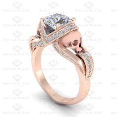 'Rosa Del Amor' 1.20ct Princess Cut Rose Gold Engagement Ring Engagement Rings Rose Gold Princess Cut, Medieval Wedding Ring, Gothic Wedding Rings, Skull Wedding Ring, Gothic Engagement Ring, Skull Engagement Ring, Sterling Silver Skull Rings, Diamond Skull, Silver Skull Ring