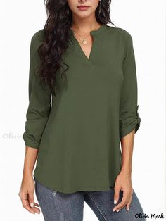 Olivia Mark - Elegant Long Sleeve Blouse Solid Color Fall Office Tops, Fall Solid Color Office Tops, Solid Color Tops For Office In Fall, Solid Color Office Tops For Fall, Casual Plain Office Blouse, Solid Color Plain V-neck Blouse, Solid Plain V-neck Blouse, Green Stretch Top For Office, Plain Office Tops For Spring