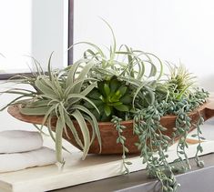 a wooden bowl filled with green plants on top of a counter next to a mirror