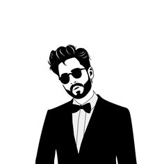 a black and white drawing of a man in a tuxedo with sunglasses on