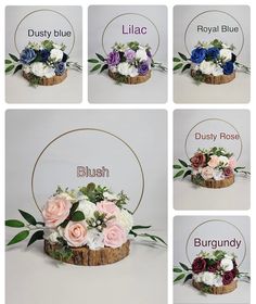 four images show different types of flowers in the same basket, including roses and foliage