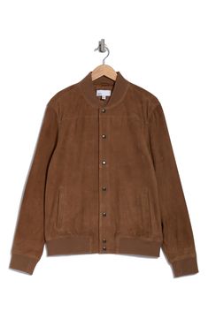 This medium-weight suede jacket inspired by vintage flight styles is finished with ribbed trim to complete a cozy look. Front snap closure Blade collar Long sleeves 100% leather Dry clean Imported Casual Suede Outerwear With Snap Buttons, Casual Suede Outerwear With Button Closure, Collared Suede Outerwear For Winter, Fitted Suede Casual Outerwear, Fitted Casual Suede Outerwear, Casual Fitted Suede Outerwear, Classic Suede Outerwear With Snap Buttons, Classic Collared Suede Outerwear, Brown Fall Outerwear With Ribbed Collar