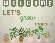 there are many potted plants on the wall with words that say, welcome let's grow together