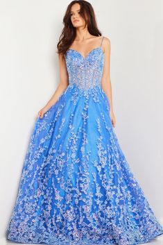 Capture the attention of all onlookers with Jovani's 29072 Long Sequin Lace Sheer Corset Ballgown. Showcasing a floor length A-line silhouette with a corset sheer bodice adorned with luxurious floral embroidery and sequins Corset Ballgown, Plus Size Sequin Dresses, Formal Prom Dresses Long, Light Blue Prom Dress, Sheer Corset, Formal Dresses With Sleeves, Floral Corset, Corset Dress Prom, Long Sleeve Prom