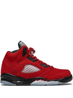 Varsity red/black leather/rubber Air Jordan 5 Retro “Raging Bull 2021" sneakers from JORDAN featuring round toe, flat rubber sole, branded insole, ankle-length, signature embroidered 23 logo, mesh panelling and signature shark teeth detailing. These styles are supplied by a premium sneaker marketplace. Stocking only the most sought-after footwear, they source and curate some of the most hard to find sneakers from around the world.. | Jordan Kids Air Jordan 5 Retro “Raging Bull 2021" sneakers Jordans Aesthetic, Crocs Boots, Designer Boys, Jordan 5 Retro, Raging Bull, Air Jordan 5 Retro, Air Jordan 5, Kids Jordans, Retro Sneakers