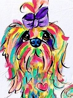 a colorful dog with a bow on it's head