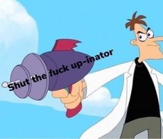 a cartoon character holding a megaphone with the words shut the f k up - in front of him