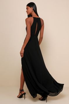 Flirty Sleeveless Maxi Dress For Wedding, Sleeveless Flirty Maxi Dress For Wedding, Chic Dress With Illusion Neckline For Date Night, Chic Black Dress With Closed Back, Flirty Sleeveless Bridesmaid Maxi Dress, Flirty Sleeveless Maxi Dress For Bridesmaids, Flirty Sleeveless Maxi Dress For Formal Occasions, Black Sleeveless Maxi Dress With Lace Back, Sleeveless Maxi Dress With Sheer Back For Evening