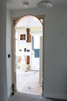 an open door leading into a room with white walls