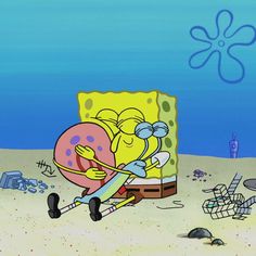 spongebob running in the sand with an object on it's back end