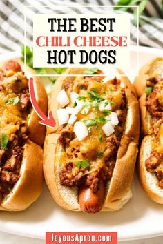 the best chili cheese hot dogs on a plate