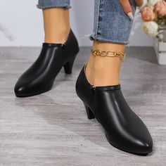 Material:Faux leatherHeel Type:Block heelToe Style:Pointed ToePatterned:Solid colorAll-season:All-seasonHeel Hight:Mid HeelItem ID:AQ49136 Office Work Wear, Pointed Toe Ankle Boots, Fashion Office, High Heel Slippers, Faux Leather Heels, Heel Slippers, New Chic, Black Side, Slipper Boots