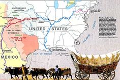 a map with horses pulling a wagon in front of the united states and mexico on it