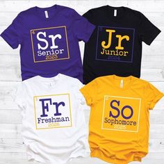 three t - shirts with the words jr senior and sr junior printed on them in different colors