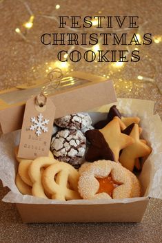 festive christmas cookies in a box with the words festive christmas cookies above it