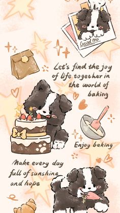 an illustrated drawing of a dog with its paws on top of a cake