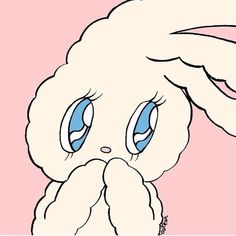 a drawing of a white bunny with blue eyes and big ears, sitting in front of a pink background