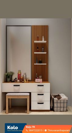 an image of a bathroom setting with white drawers and wooden shelves on the wall above it