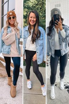 20+ Cute Fall Outfits with Leggings Flannel With Leggings, How To Style A Flannel, Outfit Ideas With Leggings, Styling A Flannel, Young Mom Outfits, Sweatshirt With Leggings, Big Sweatshirt