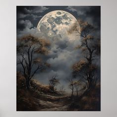 a painting of a full moon in the night sky with trees and clouds surrounding it