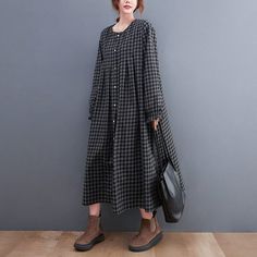 Details: Item Type: Dress Main Material: Cotton Season: Spring, Autumn Style: Leisure, Daily Pattern Type: Plaid Waist Type: Loose Fit Type: Loose fit/ Pullover Size: One Size Length: 115.00 cm/ 45.28 " Bust: 140.00 cm/ 55.12 " Shoulder: 49.00 cm/ 19.29 " Casual Long Workwear Dresses, Casual Plaid Midi Dress, Oversized Casual Maxi Dress For Work, Casual Long Dresses For Work, Casual Plaid Midi Dress For Daywear, Casual Plaid Maxi Dress, Casual Plaid Maxi Dress For Spring, Loose Midi Dress, Plus Size Spring